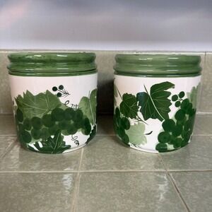 Designpac Inc Handpainted Ceramic Grape Canister Set of 2 Green White Vintage